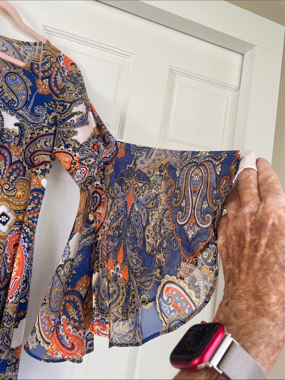 Lush Blue Paisley Long-Sleeve Bell Tunic Dress with Orange and Gold Accents - Picture 2 of 3
